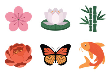 Outline icons for Asian nature and fauna, illustrating lotus, peony, bamboo, butterfly, and symbolic koi fish,