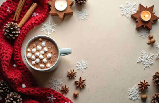 Overhead photo of hot chocolate drink with marshmallows. Cozy winter composition features red scarf cinnamon stars pine cones, snowflakes. Winter holiday festive mood. Warm, comfortable seasonal