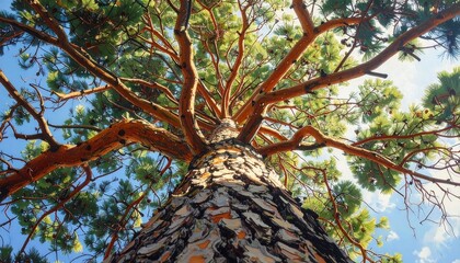Low Angle View of a Tall Pine Tree Reaching Towards a Bright Blue Sky