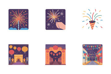 Outline icons for Lunar New Year party, illustrating fireworks, sparkler, confetti, and festive market street scene,