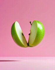 Sliced green apple floats on pink. Fresh, crisp halves