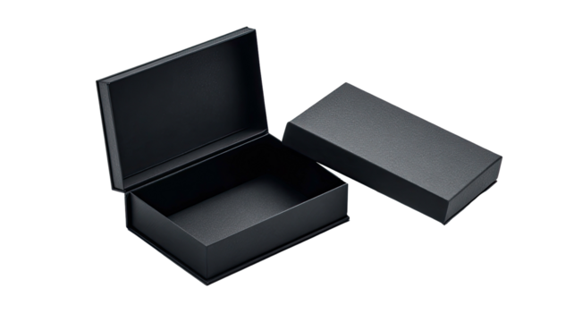 Dark, open box with a lid beside it