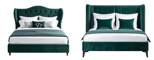 Contemporary Luxury Green Velvet Bed Frame with Pillows Cutout PNG