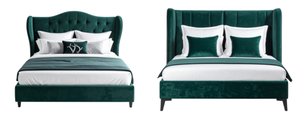 Contemporary Luxury Green Velvet Bed Frame with Pillows Cutout PNG