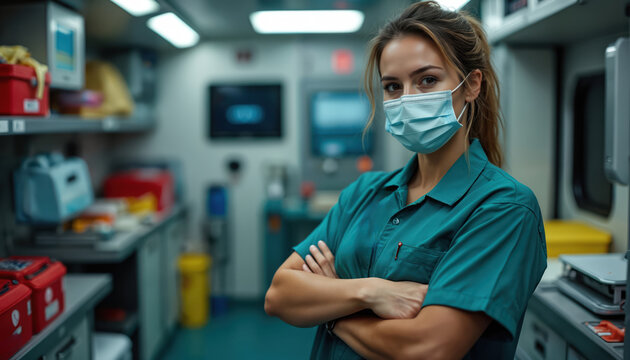 Female paramedic wearing face mask stands inside an ambulance. She crosses arms with confident, serious look. Medical equipment are on shelves. Healthcare professional ready for emergency call - Powered by Adobe