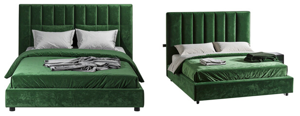 Modern Green Velvet Bed with Soft Cushioned Headboard on Transparent Background