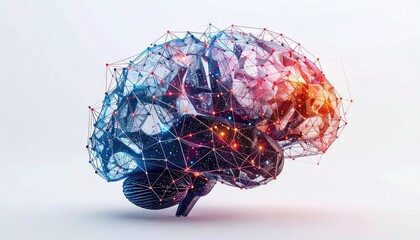 Digital brain network blue, red nodes; connection paths