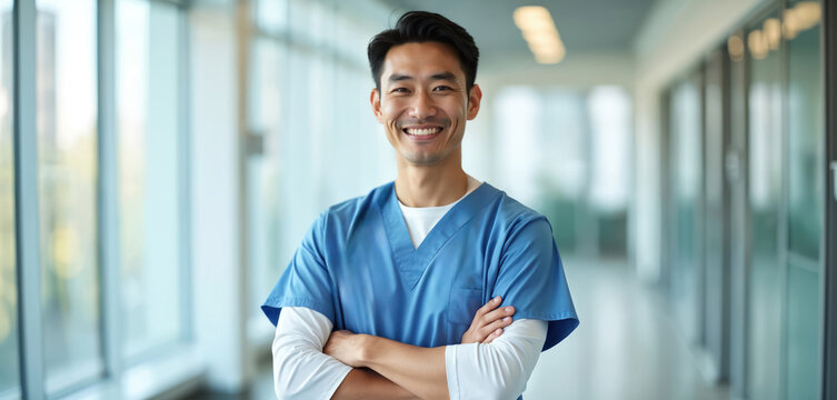 Young Asian male doctor smiles with confidence in modern hospital hallway. Wears blue scrubs, white shirt, arms crossed. Pro man provides healthcare, medicine service in clinic. Happy, ready to help