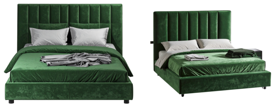 Modern Green Velvet Bed with Soft Cushioned Headboard on Transparent Background