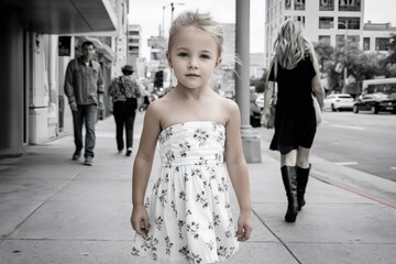 Naklejka premium Young girl looking at camera on city sidewalk