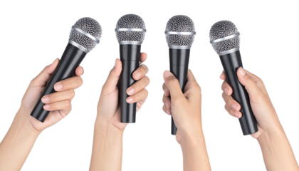 Set Hands Holding Microphones Wireless, Isolated on Transparent Background