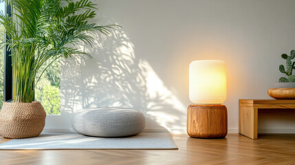 Serene living space with cozy meditation area features soft cushion on rug, glowing lamp on wooden stand, and lush green plants, creating calming atmosphere