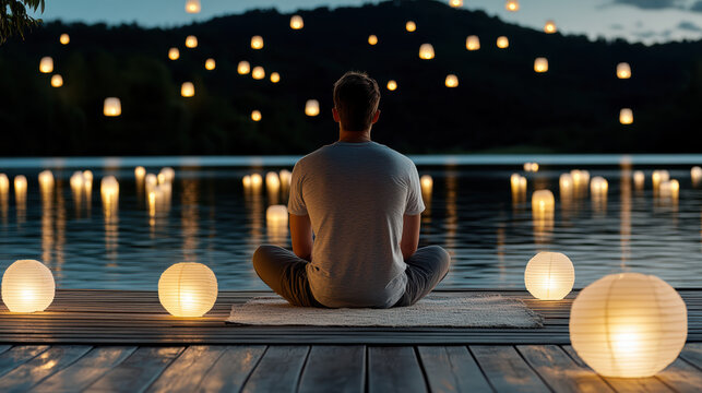 Person sits peacefully on dock surrounded by glowing lanterns floating on serene lake under twilight sky, creating tranquil and reflective atmosphere - Powered by Adobe