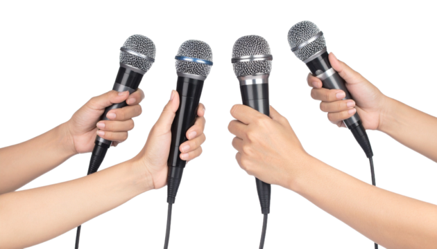 Set Hands Holding Microphones in a Row, Isolated on Transparent Background