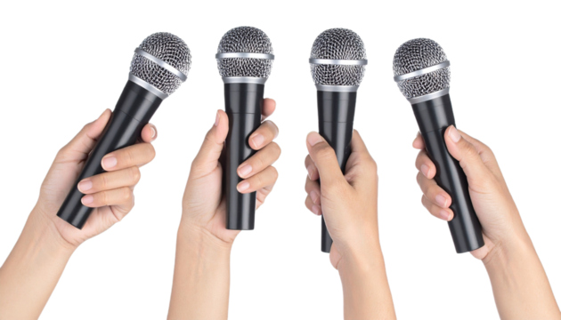 Set Hands Holding Microphones Wireless, Isolated on Transparent Background