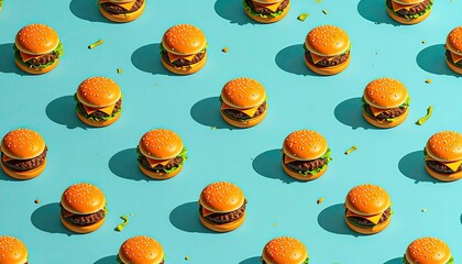 Burger array. Cheeseburgers on a light blue background