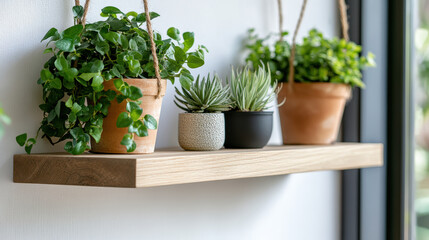 Wooden shelf with potted plants, including trailing ivy and succulents, creates fresh and natural decor. plants are in terracotta and ceramic pots, adding texture and color