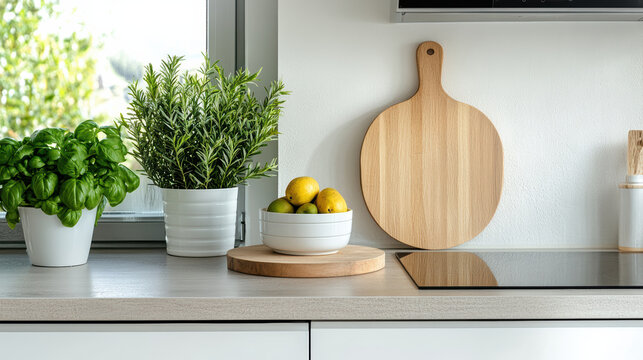 Bright kitchen counter with potted plants and bowl of lemons creates fresh and inviting atmosphere. wooden cutting board adds natural touch to modern design