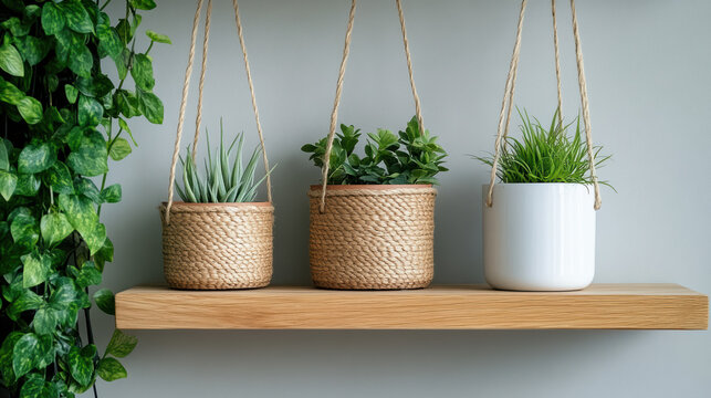 Wooden shelf displays three potted plants, two in woven baskets and one in white pot, with trailing ivy hanging beside them, creating serene and natural atmosphere