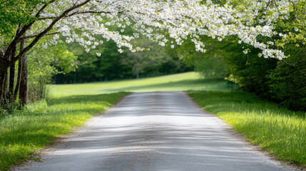 Quiet backroad lined with blooming cherry blossoms creates serene and picturesque scene. lush greenery and delicate white flowers arching over path evoke sense of tranquility