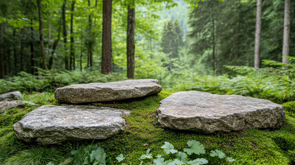 Moss covered stones rest quietly in serene forest glade, surrounded by lush green foliage and tall trees, creating peaceful natural scene