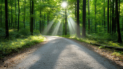 Obraz premium Quiet forest road where sunlight filters through trees, creating serene and peaceful atmosphere. gravel path is surrounded by lush green foliage, inviting exploration