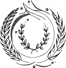 Elegant hand-drawn laurel wreath with organic floral elements
