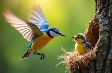 Obraz premium Bird approaches nest with open-mouthed chick. Parent bird in flight near nest with offspring. Nature scene highlights avian care during springtime. Wildlife animal themes show wild nature, natural