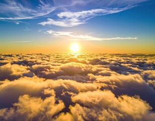 Aerial view sunlight bursts over a sea of golden clouds