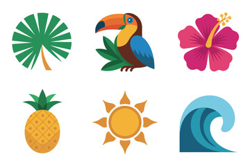 Obraz premium Detailed flat vector icons for exotic nature, showing hibiscus flower, toucan, pineapple, palm leaf, sun, and ocean wave,