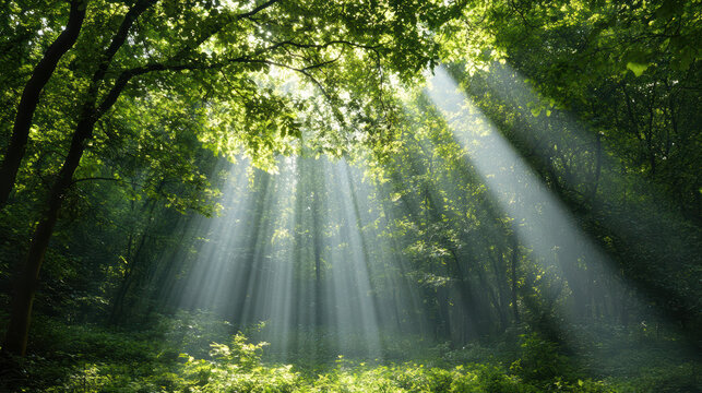 Sunlight filters through lush forest canopy, creating serene and peaceful atmosphere in woodland. vibrant greenery and tranquil setting evoke sense of calm and connection with nature