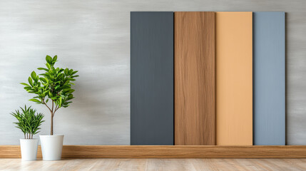 Fototapeta premium Modern interior design features minimalist setup with potted plant and vertical wooden panels in various colors against neutral wall, creating serene atmosphere