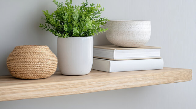 Quiet shelf with potted plant, woven basket, and books creates serene and minimalist decor. natural textures and neutral colors add calming touch to space