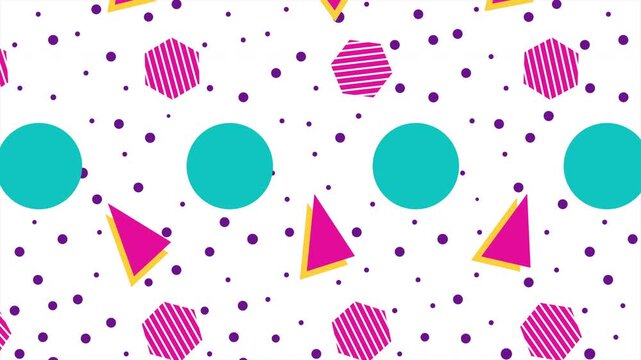Seamless Memphis pattern loop animation. Seamless Memphis Style Geometric Pattern. Seamless memphis pattern with 90s retro dots, circles, and abstract shapes. 
