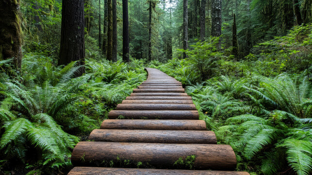 Quiet trail in temperate rainforest with lush ferns and wooden steps leading through tall trees, creating serene and peaceful atmosphere