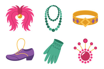 Outline color icons for carnival costume, representing vibrant feather boas, masks, gloves, necklace, shoe, and celebratory crown,