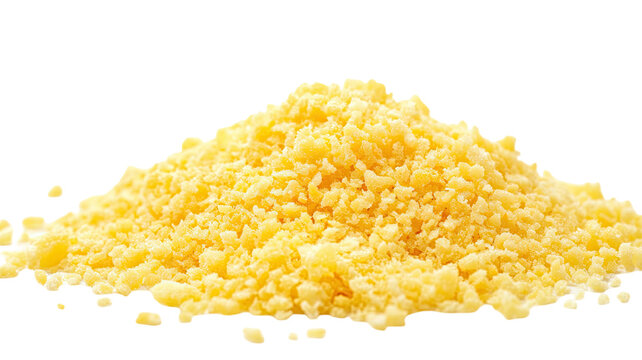 Gourmet grated yellow cheese, shredded dairy product with rich flavor and smooth texture for cooking and toppings, isolated on white background