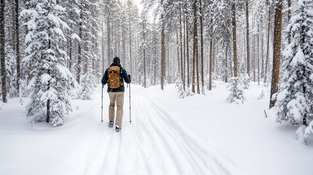 Person enjoys quiet winter hike through dense pine trees, surrounded by fresh snow, creating serene and peaceful atmosphere