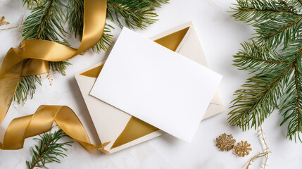 Elegant Christmas greeting card mockup with golden ribbon and pine branches. Minimalist holiday flat lay with blank card for festive wishes or seasonal design inspiration