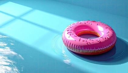 Pink donut float in blue water. Sunny light patterns