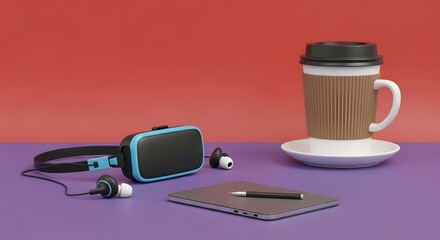 A modern workspace setup featuring a virtual reality headset, wireless earbuds, a notebook with a pen, and a coffee cup on a colorful background