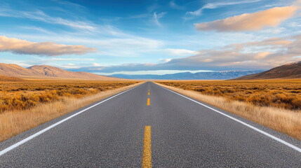 Naklejka premium Road stretches into horizon across open plains under blue sky with clouds, creating sense of freedom and adventure