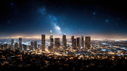 Obraz premium Stunning view of city skyline at night with starry sky and bright city lights. tall buildings are illuminated, creating beautiful contrast against dark sky