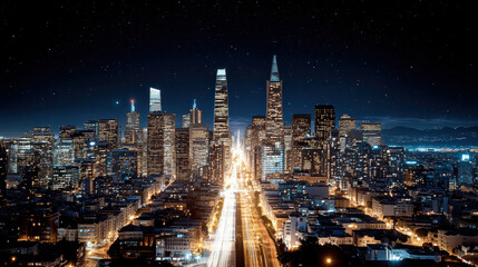 Stunning rooftop observatory view of city skyline at night, with illuminated skyscrapers and starry sky creating breathtaking urban landscape