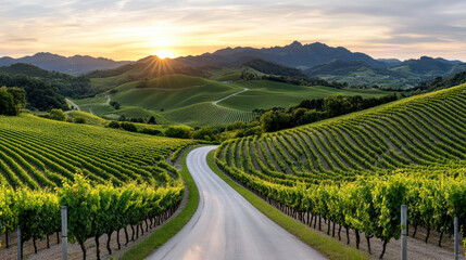 Naklejka premium Road winding through lush green vineyards under soft sunset sky, with rolling hills and distant mountains creating serene landscape