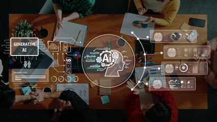 A dynamic overhead view of a diverse team collaborating in a modern office, featuring digital interfaces and generative AI concepts to enhance creativity and productivity. Raster - Powered by Adobe