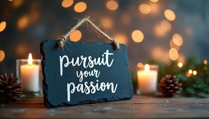 Black slate sign pursue passion in white text on wood. Lit candles, pinecones, green branches, warm blurred bokeh lights create cozy inspiring scene. Motivational words for dream, goal, success, life