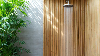 Rustic outdoor shower beside forest cabin with bamboo wall and lush greenery, creating serene and natural atmosphere