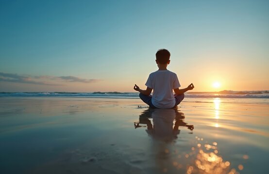 Young boy meditates on sandy beach at sunset. He sits in lotus position practicing mindfulness near calm ocean waves. The scene conveys peace and concentration during golden hour.