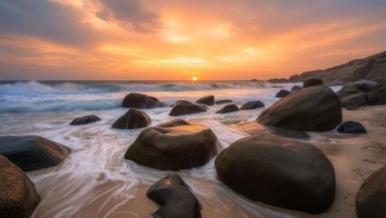 Dramatic sunset over a rocky beach